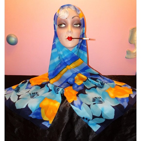 Vintage Blue & Yellow Long Floral Scarf made in Italy boho head wrap neck scarve - Picture 1 of 14